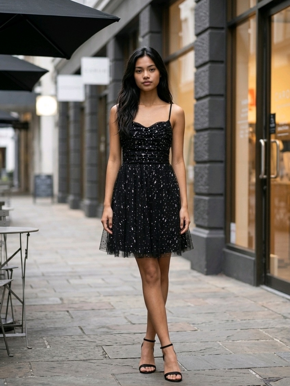 Blondie Nites Black Mini Dress w/Ruched Sweetheart Nodice Metallic Accents J3